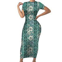 Hawaii Vintage Green Hibiscus Tapa Pattern Family Matching Short Sleeve Bodycon Dress and Hawaiian Shirt LT05 Mom's Dress Green - Polynesian Pride