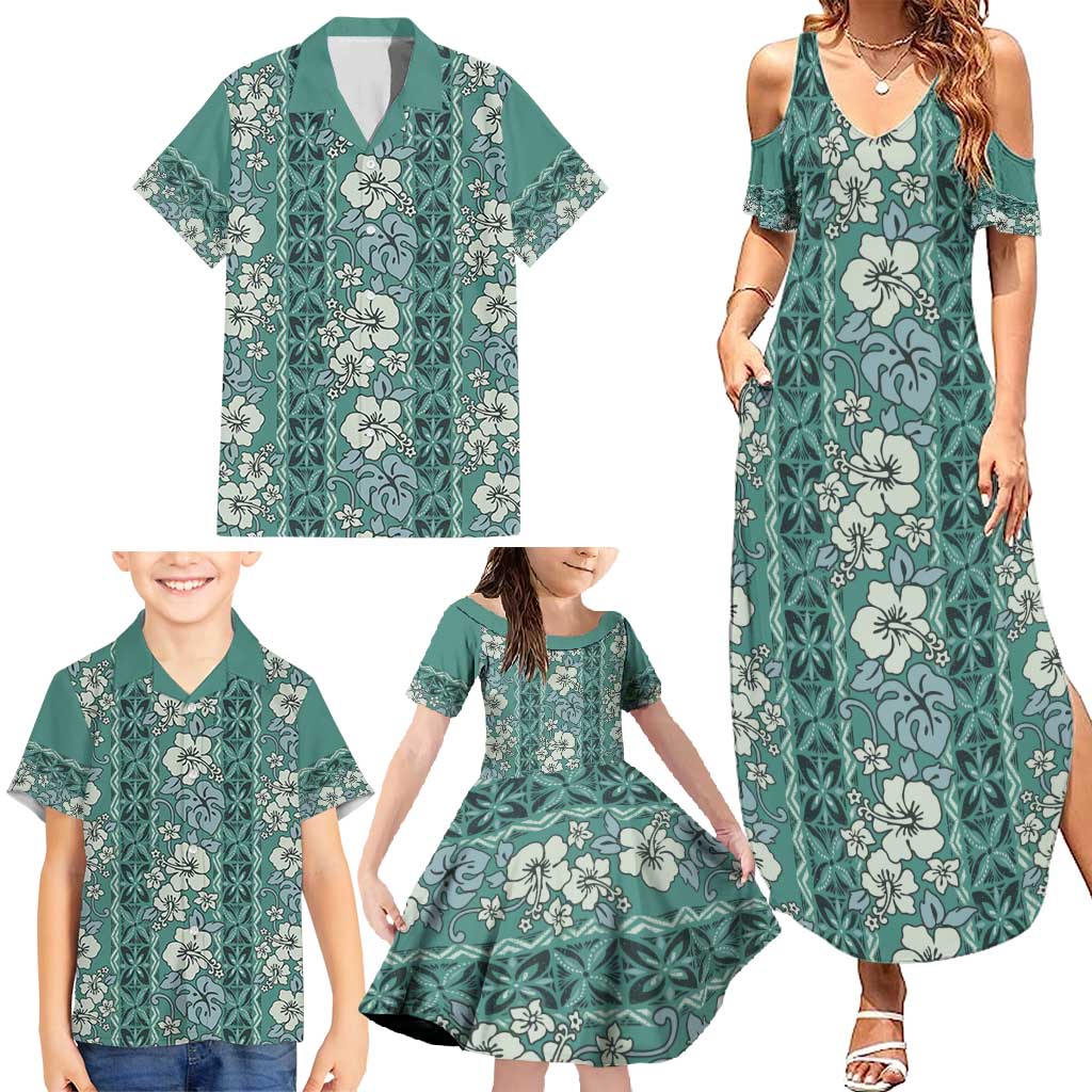 Hawaii Vintage Green Hibiscus Tapa Pattern Family Matching Summer Maxi Dress and Hawaiian Shirt LT05 - Polynesian Pride