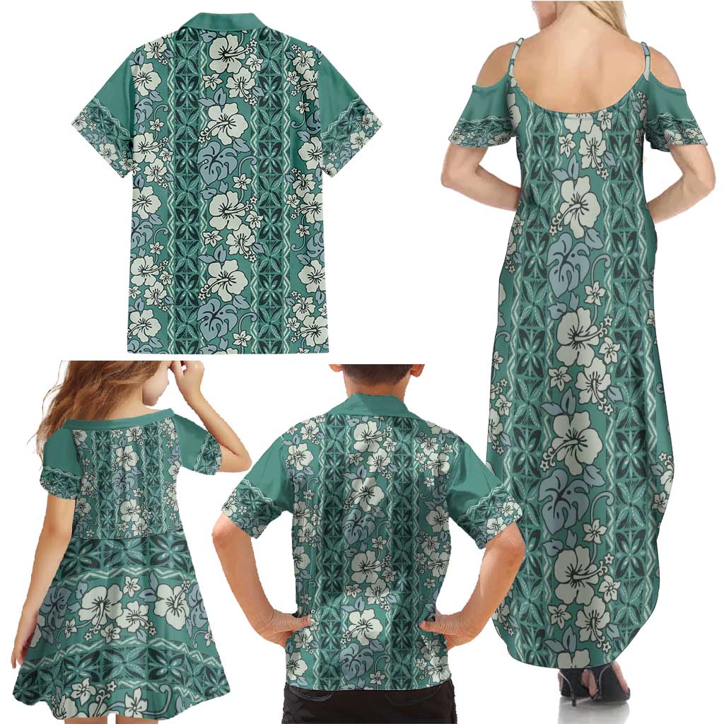 Hawaii Vintage Green Hibiscus Tapa Pattern Family Matching Summer Maxi Dress and Hawaiian Shirt LT05 - Polynesian Pride