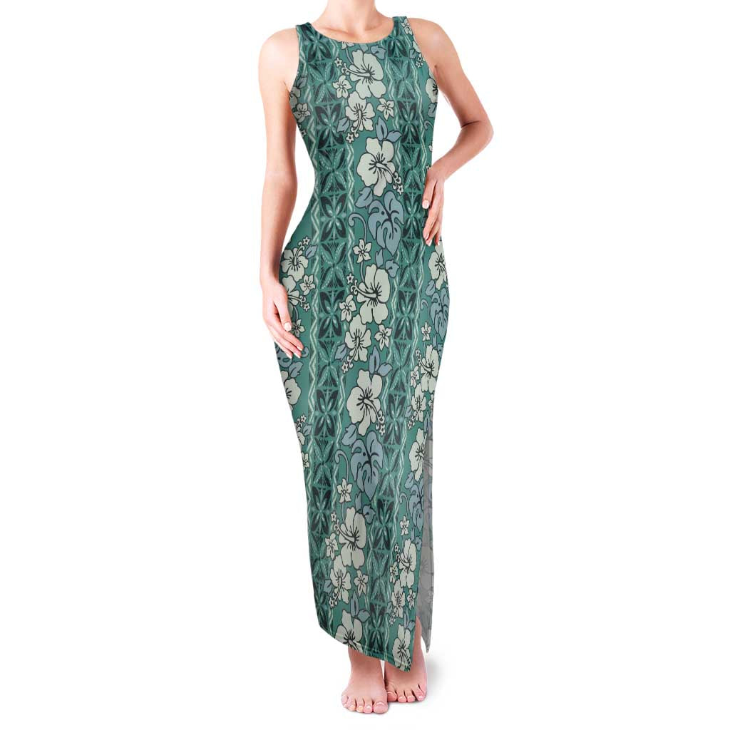 Hawaii Vintage Green Hibiscus Tapa Pattern Family Matching Tank Maxi Dress and Hawaiian Shirt LT05 Mom's Dress Green - Polynesian Pride