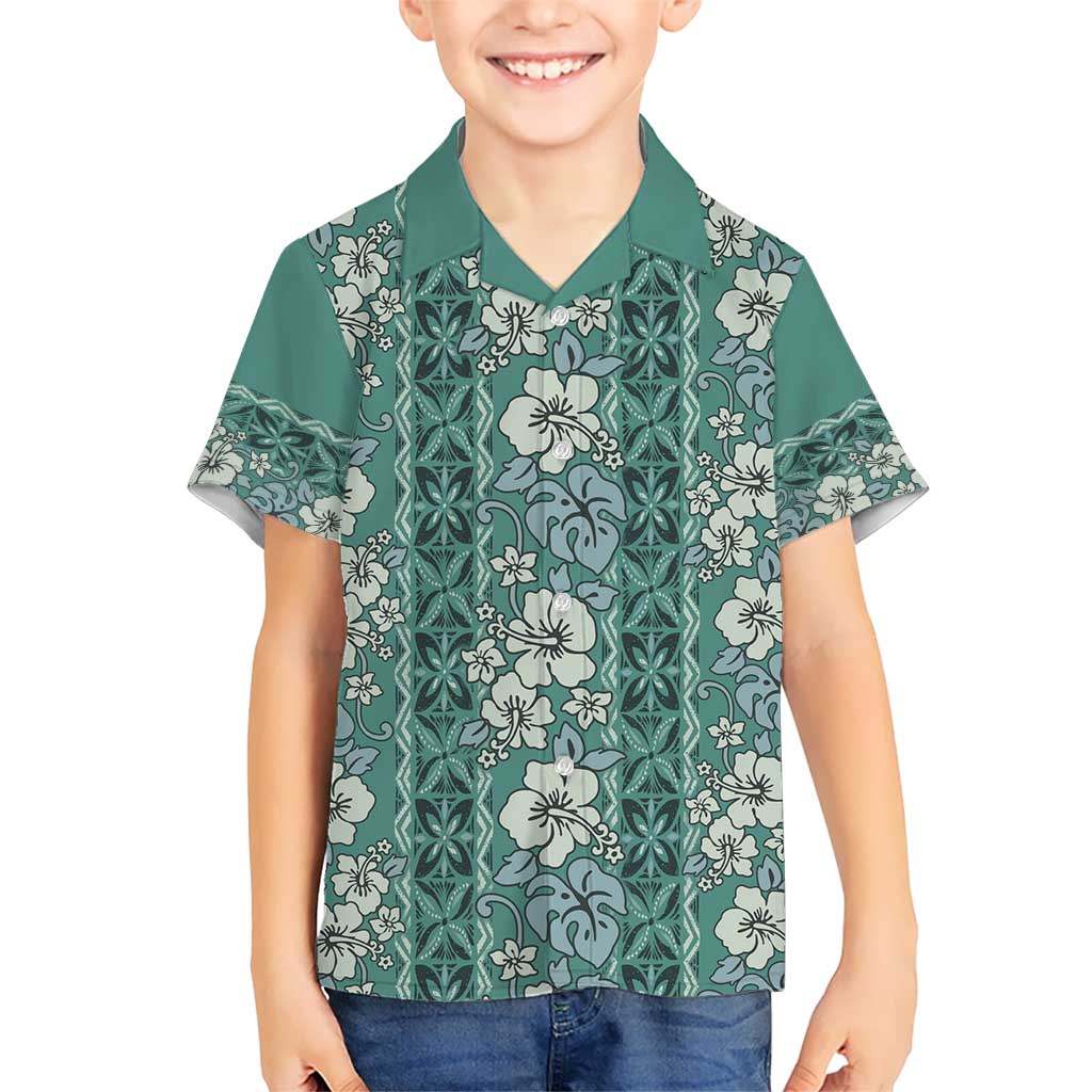 Hawaii Vintage Green Hibiscus Tapa Pattern Kid Hawaiian Shirt LT05 Kid Green - Polynesian Pride
