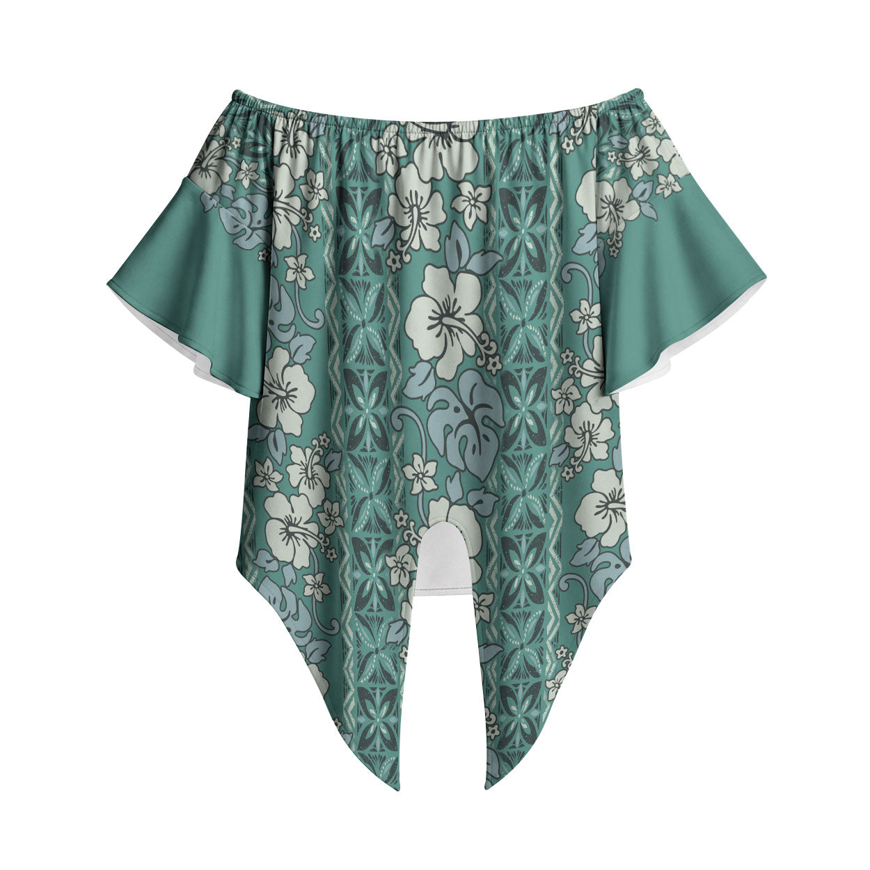Hawaii Vintage Green Hibiscus Tapa Pattern Off Shoulder Wrap Waist Top LT05 Green - Polynesian Pride