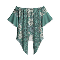 Hawaii Vintage Green Hibiscus Tapa Pattern Off Shoulder Wrap Waist Top LT05 Green - Polynesian Pride