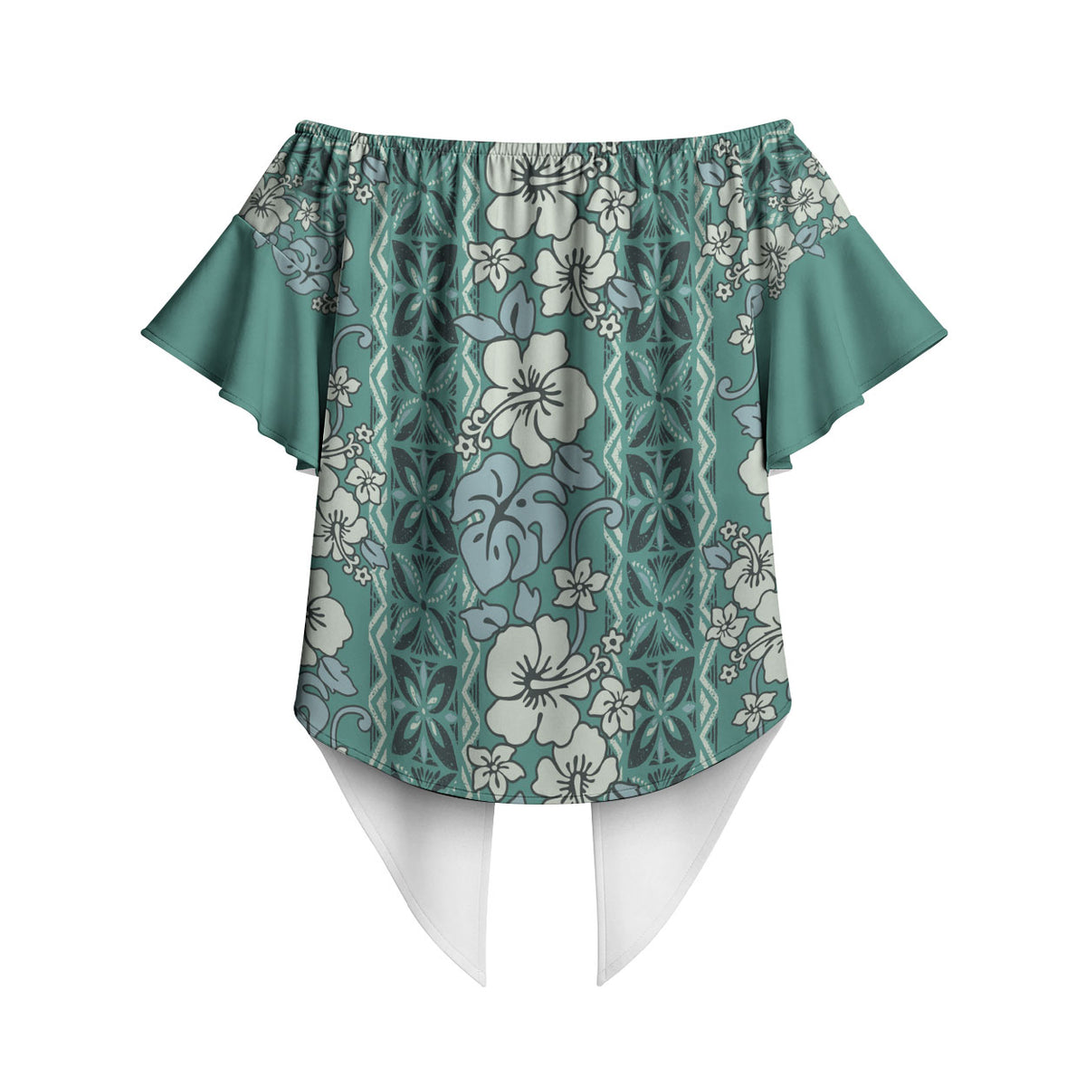 Hawaii Vintage Green Hibiscus Tapa Pattern Off Shoulder Wrap Waist Top LT05 - Polynesian Pride