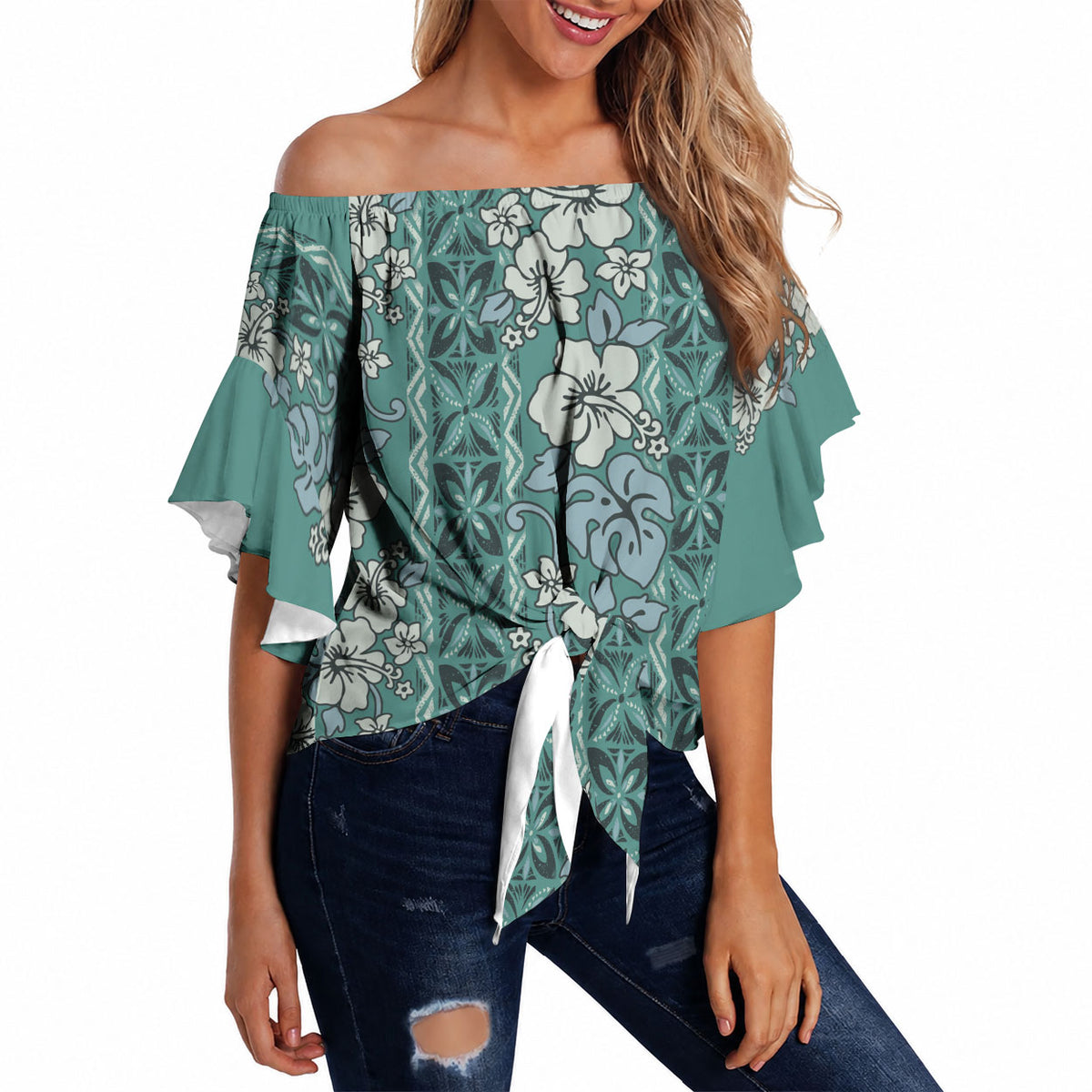 Hawaii Vintage Green Hibiscus Tapa Pattern Off Shoulder Wrap Waist Top LT05 - Polynesian Pride