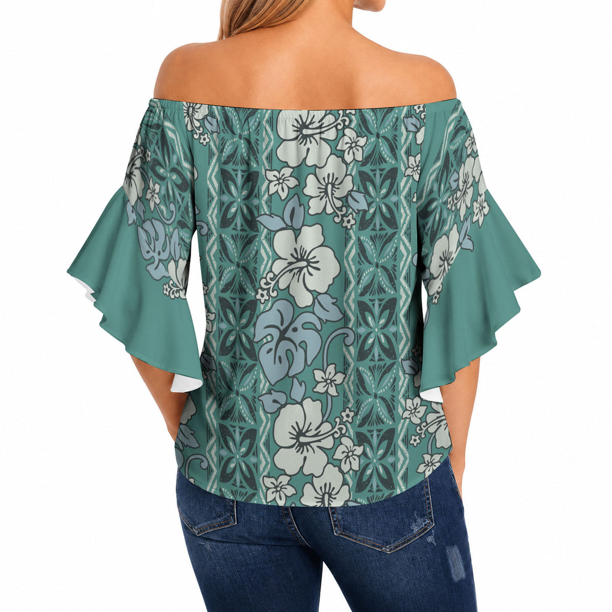 Hawaii Vintage Green Hibiscus Tapa Pattern Off Shoulder Wrap Waist Top LT05 - Polynesian Pride