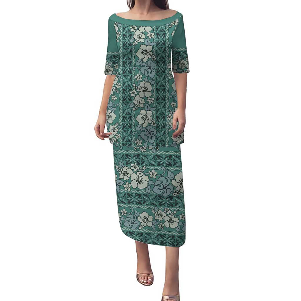 Hawaii Vintage Green Hibiscus Tapa Pattern Puletasi