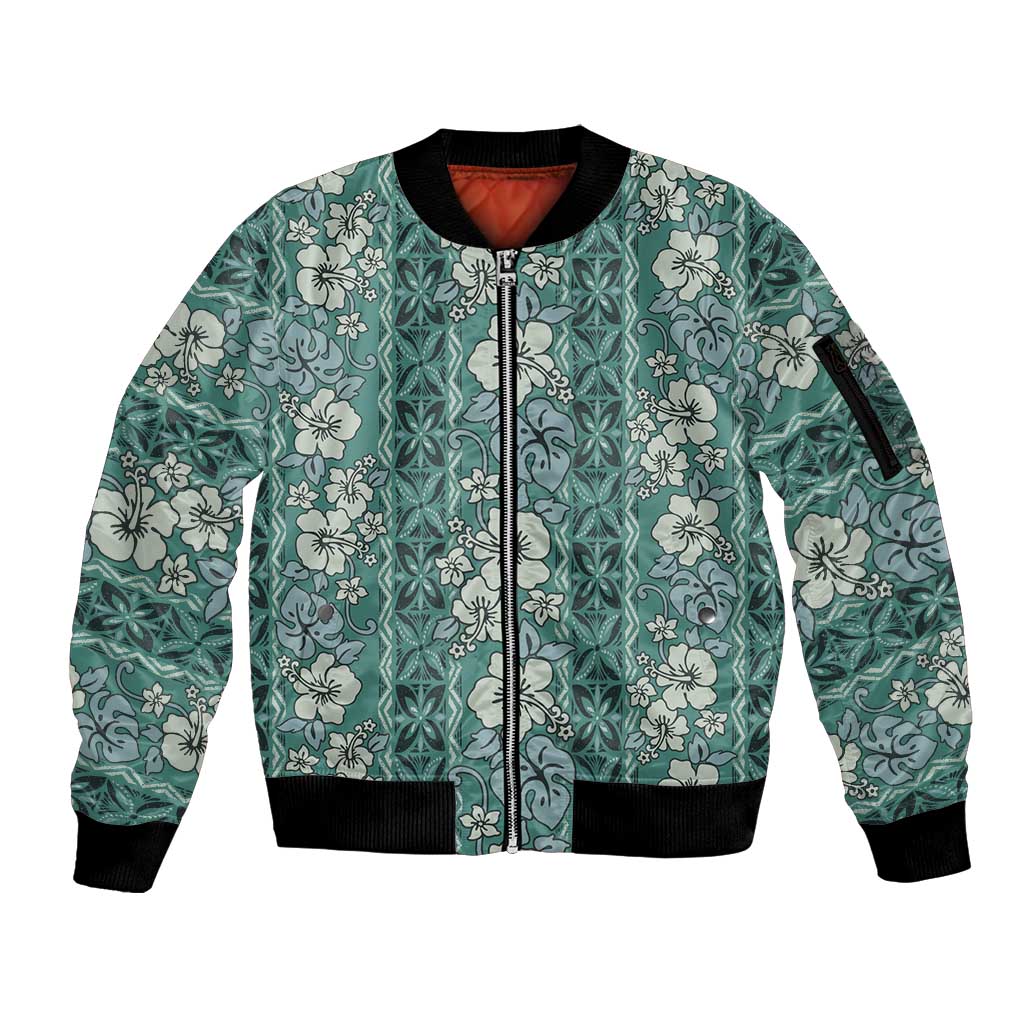 Hawaii Vintage Green Hibiscus Tapa Pattern Sleeve Zip Bomber Jacket LT05 Unisex Green - Polynesian Pride