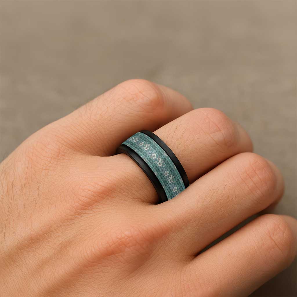 Hawaii Vintage Green Hibiscus Tapa Pattern Spinner Ring - Polynesian Pride
