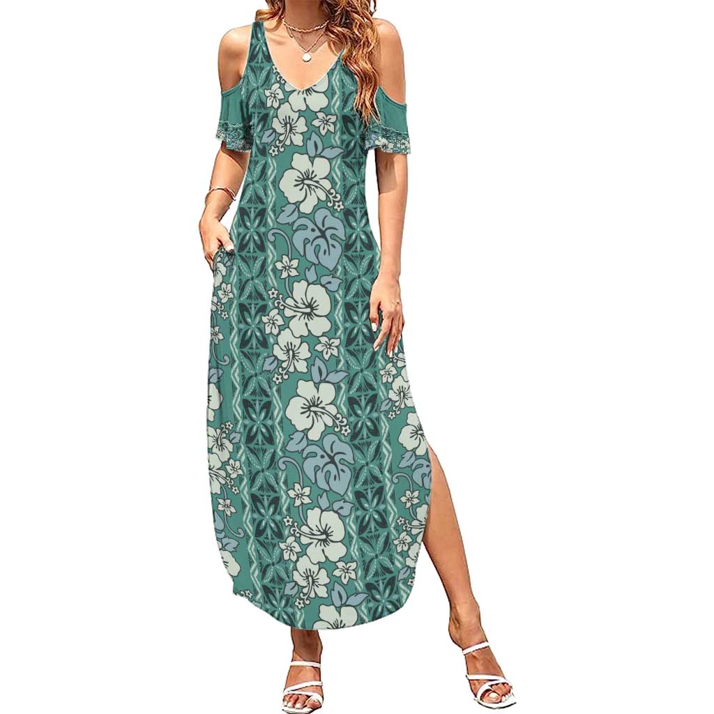 Hawaii Vintage Green Hibiscus Tapa Pattern Summer Maxi Dress LT05 Women Green - Polynesian Pride