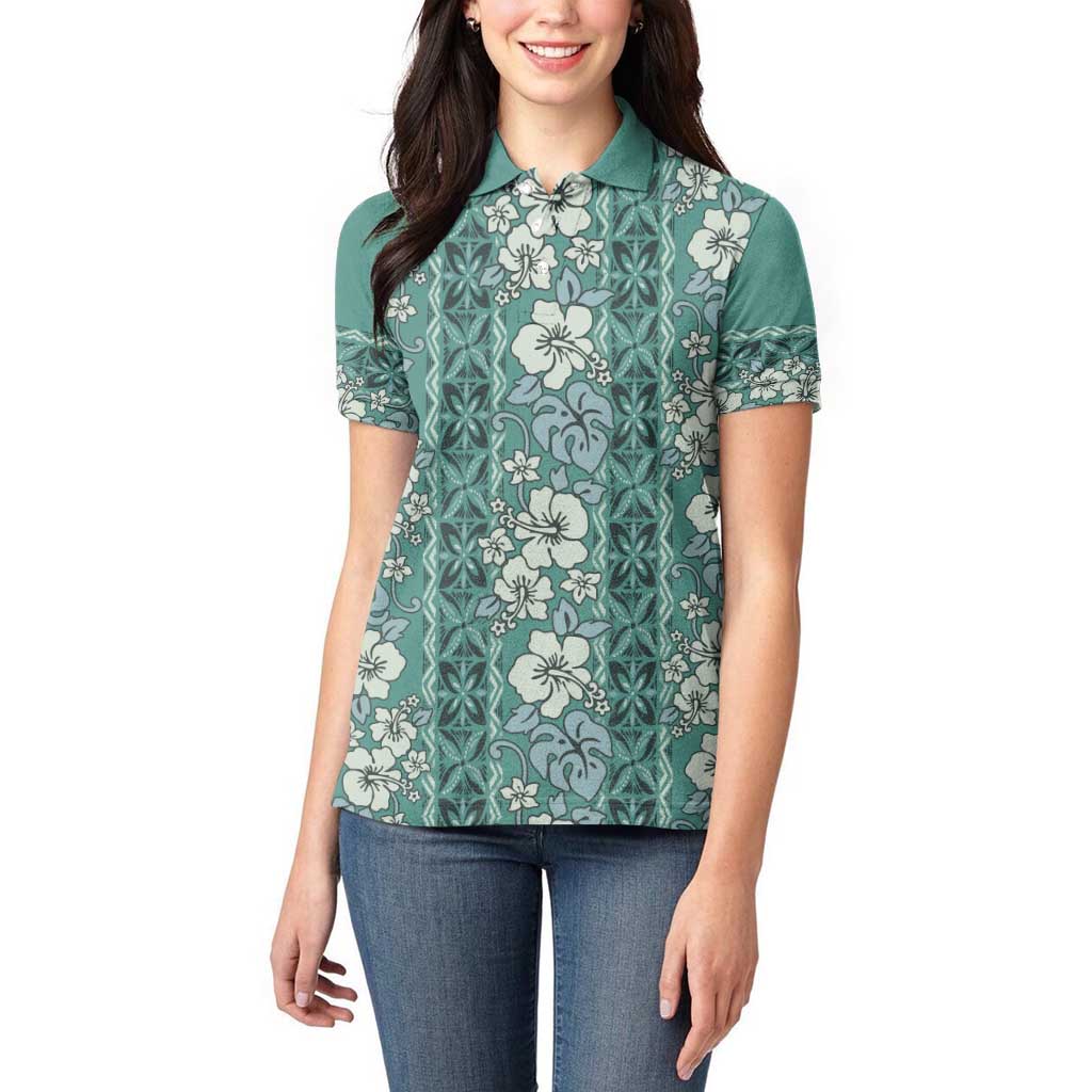 Hawaii Vintage Green Hibiscus Tapa Pattern Women Polo Shirt