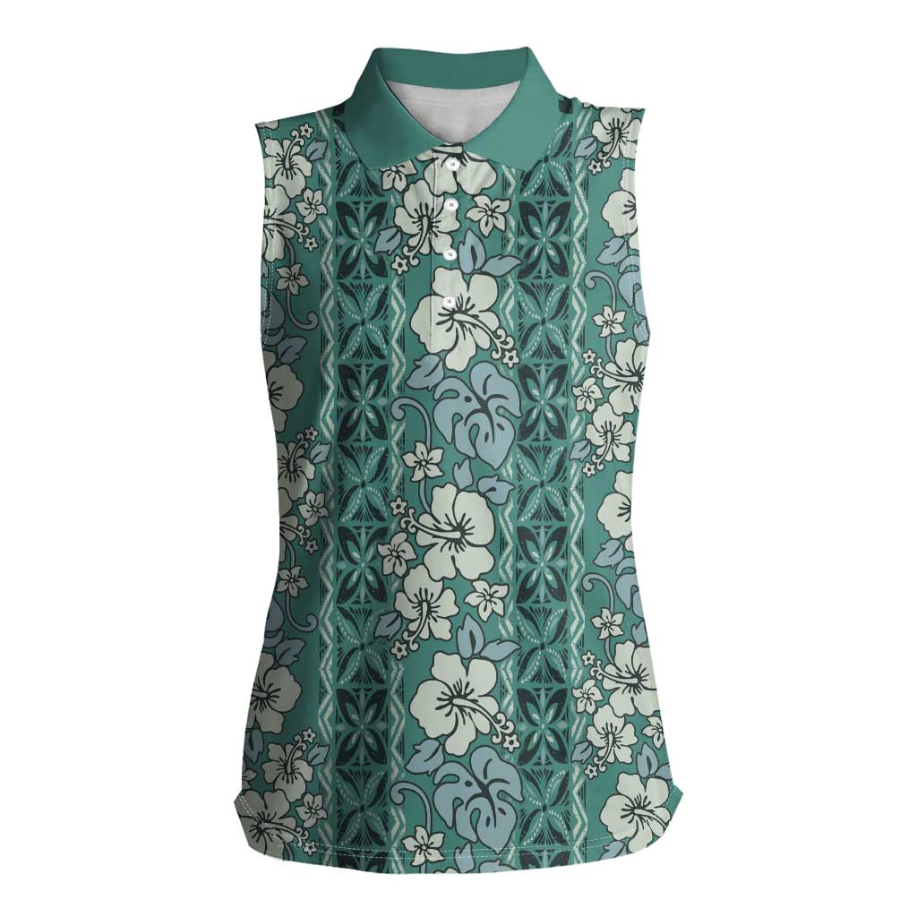 Hawaii Vintage Green Hibiscus Tapa Pattern Women Sleeveless Polo Shirt LT05 Female Green - Polynesian Pride