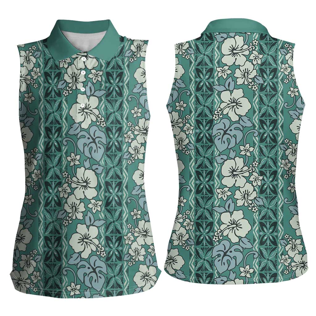 Hawaii Vintage Green Hibiscus Tapa Pattern Women Sleeveless Polo Shirt LT05 - Polynesian Pride