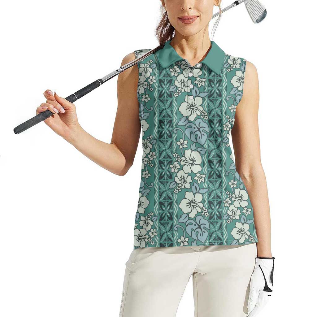 Hawaii Vintage Green Hibiscus Tapa Pattern Women Sleeveless Polo Shirt LT05 - Polynesian Pride