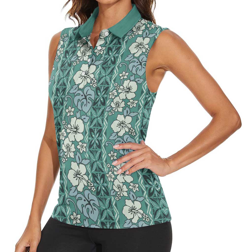 Hawaii Vintage Green Hibiscus Tapa Pattern Women Sleeveless Polo Shirt LT05 - Polynesian Pride