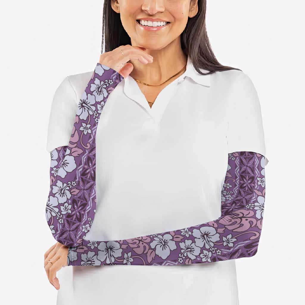Hawaii Vintage Violet Hibiscus Tapa Pattern Arm Sleeves - Polynesian Pride