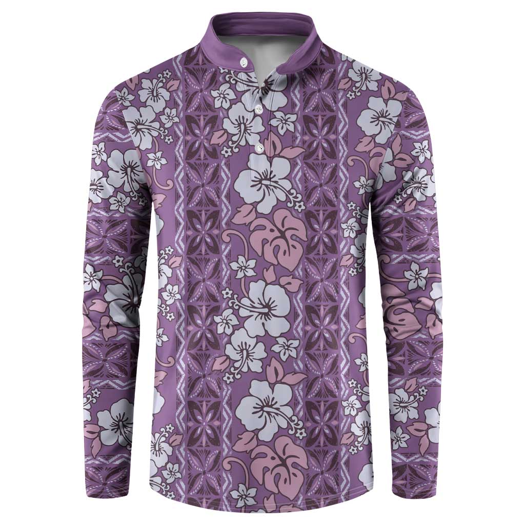 Hawaii Vintage Violet Hibiscus Tapa Pattern Button Sweatshirt