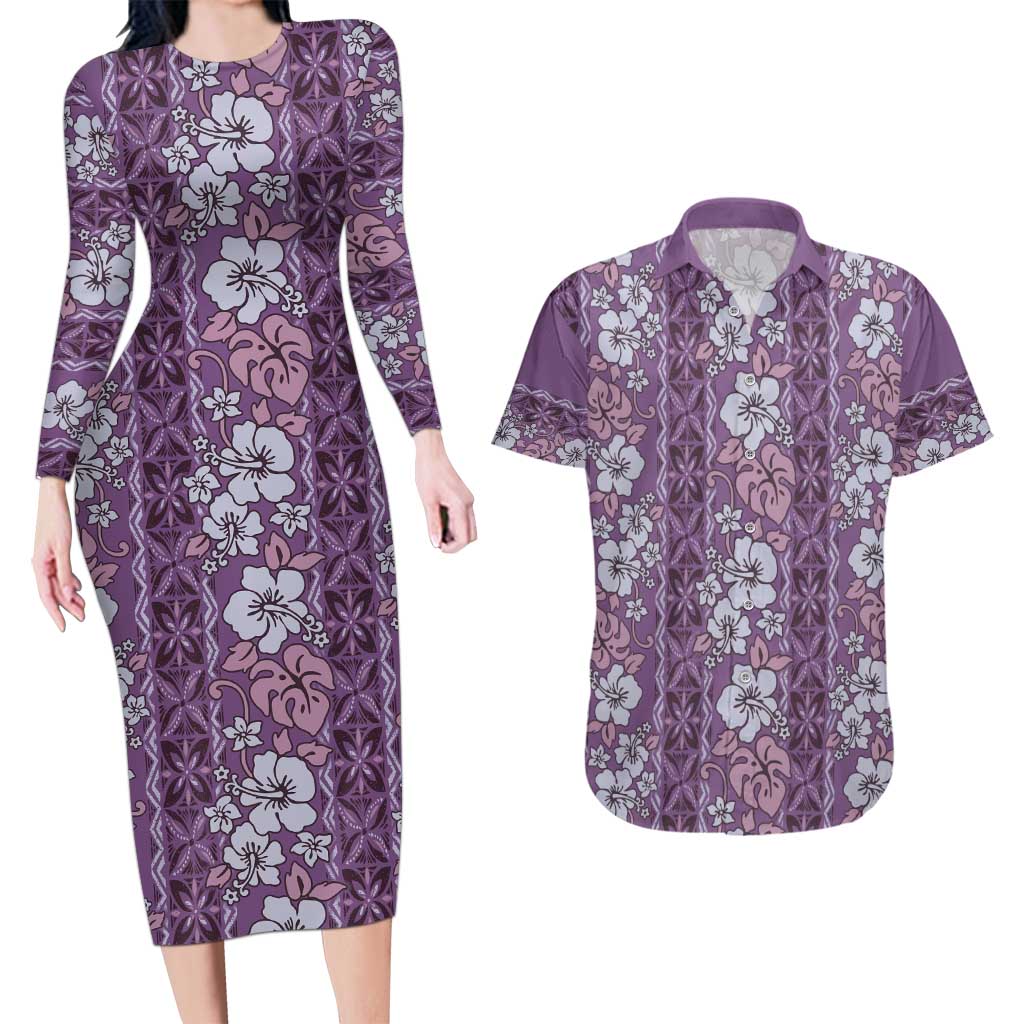 Hawaii Vintage Violet Hibiscus Tapa Pattern Couples Matching Long Sleeve Bodycon Dress and Hawaiian Shirt LT05 Violet - Polynesian Pride