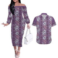 Hawaii Vintage Violet Hibiscus Tapa Pattern Couples Matching Off The Shoulder Long Sleeve Dress and Hawaiian Shirt