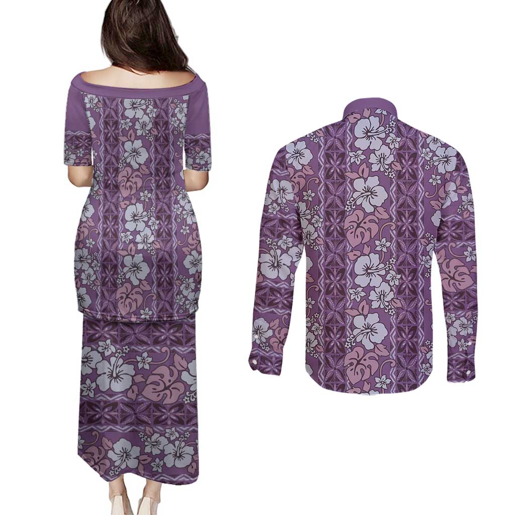 Hawaii Vintage Violet Hibiscus Tapa Pattern Couples Matching Puletasi and Long Sleeve Button Shirt