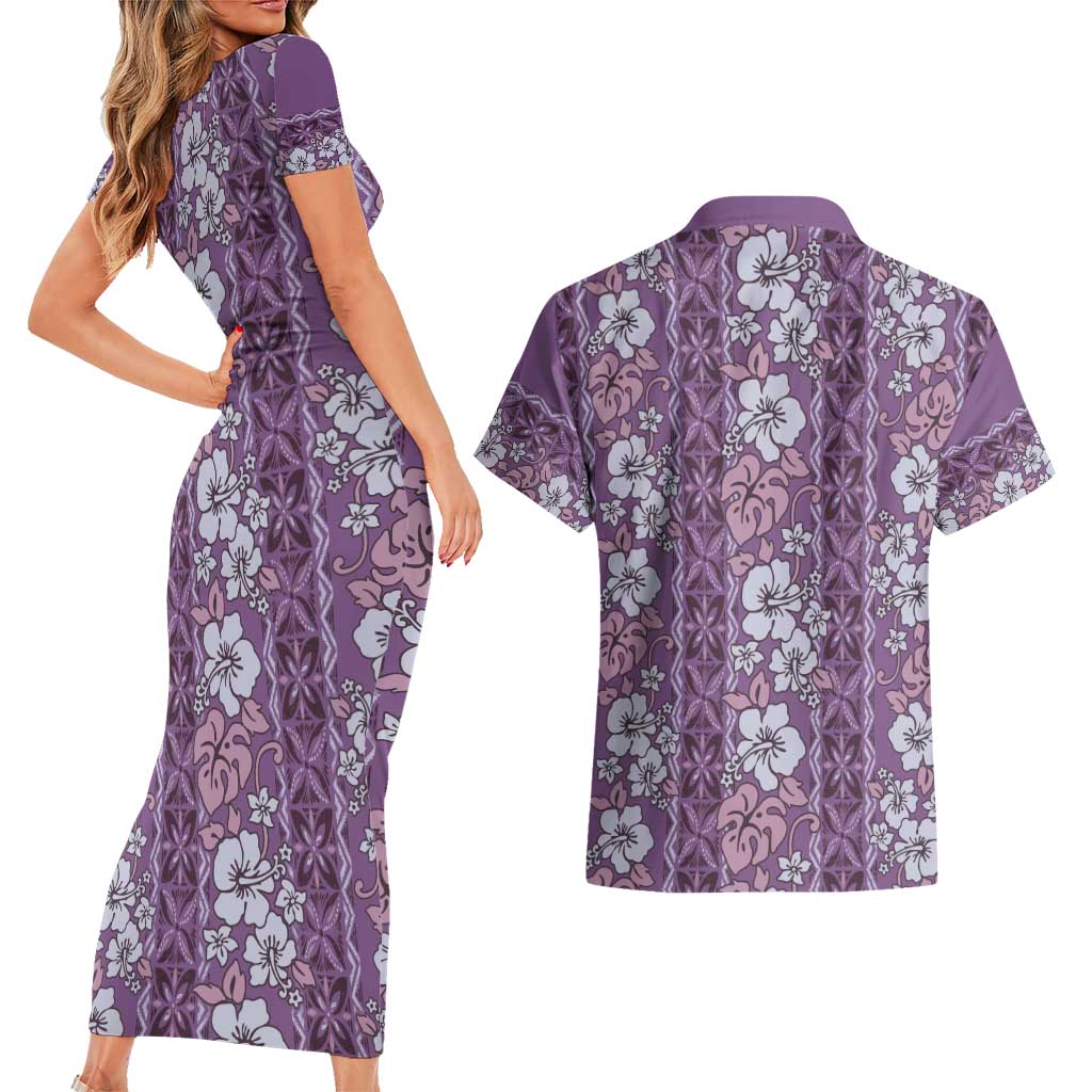 Hawaii Vintage Violet Hibiscus Tapa Pattern Couples Matching Short Sleeve Bodycon Dress and Hawaiian Shirt LT05 - Polynesian Pride