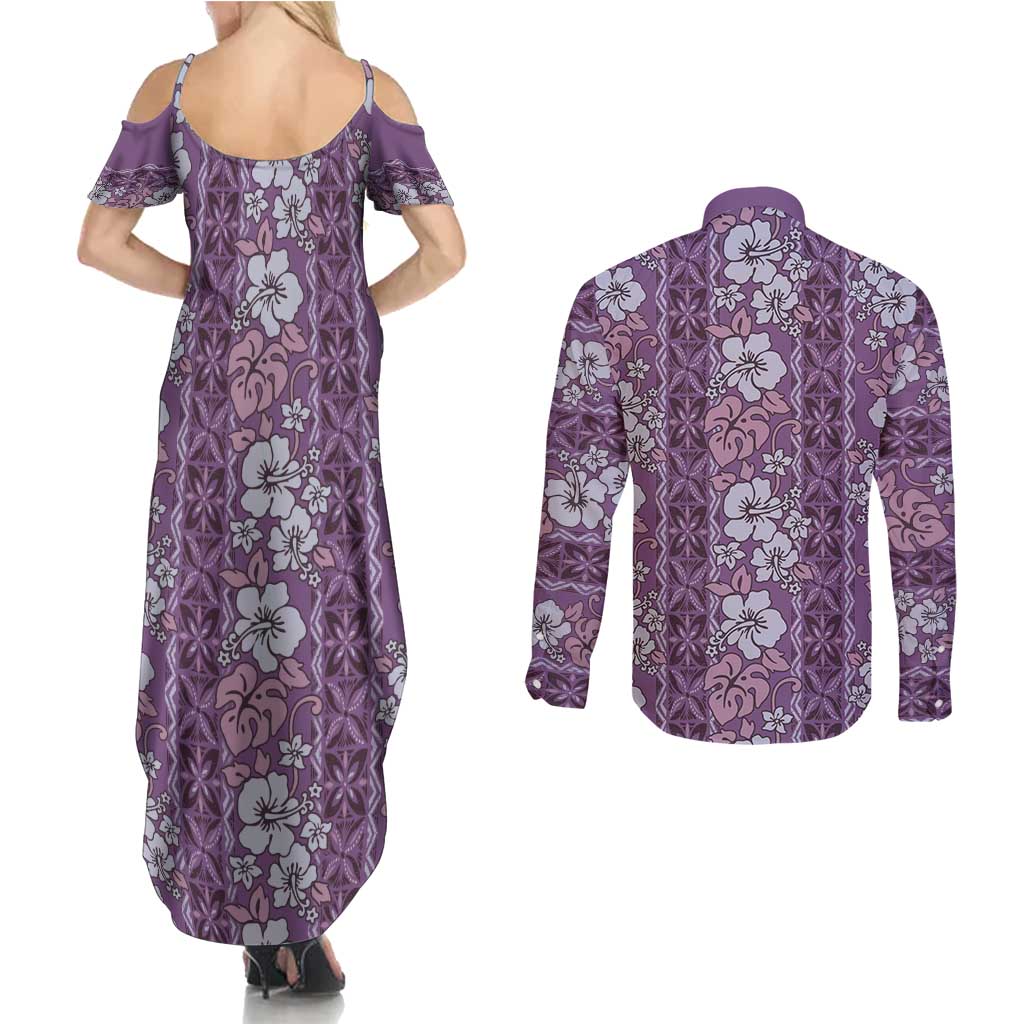 Hawaii Vintage Violet Hibiscus Tapa Pattern Couples Matching Summer Maxi Dress and Long Sleeve Button Shirt