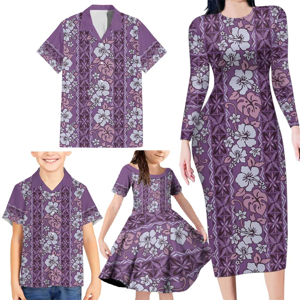 Hawaii Vintage Violet Hibiscus Tapa Pattern Family Matching Long Sleeve Bodycon Dress and Hawaiian Shirt LT05 - Polynesian Pride