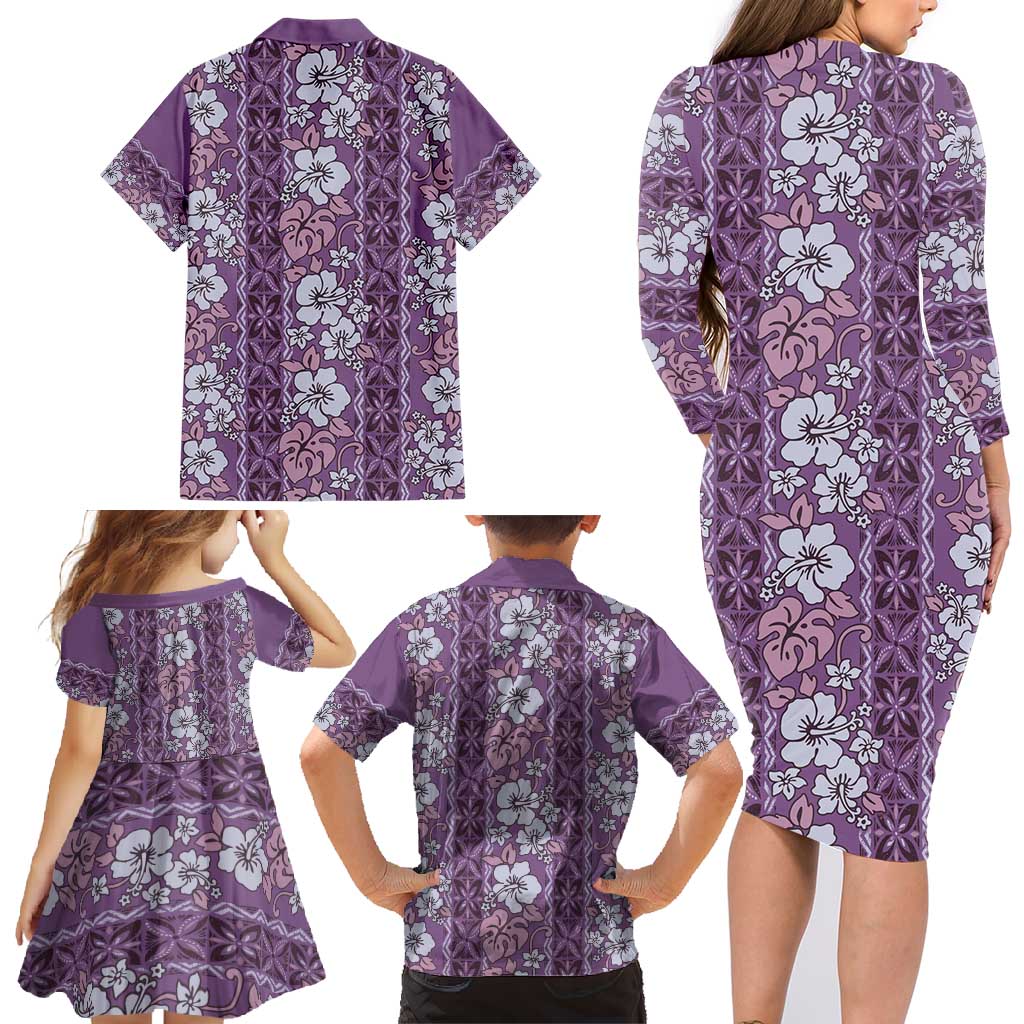 Hawaii Vintage Violet Hibiscus Tapa Pattern Family Matching Long Sleeve Bodycon Dress and Hawaiian Shirt LT05 - Polynesian Pride