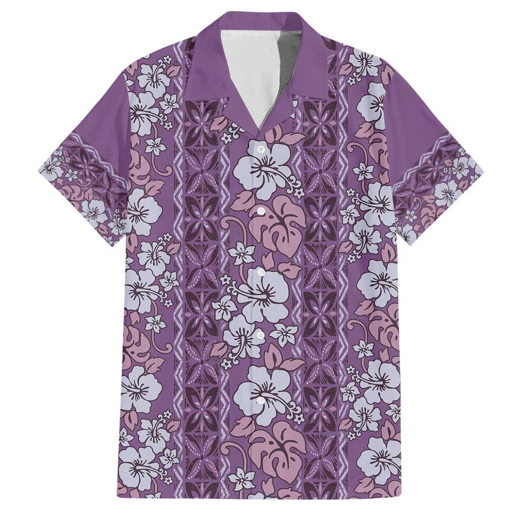 Hawaii Vintage Violet Hibiscus Tapa Pattern Family Matching Long Sleeve Bodycon Dress and Hawaiian Shirt LT05 Dad's Shirt - Short Sleeve Violet - Polynesian Pride