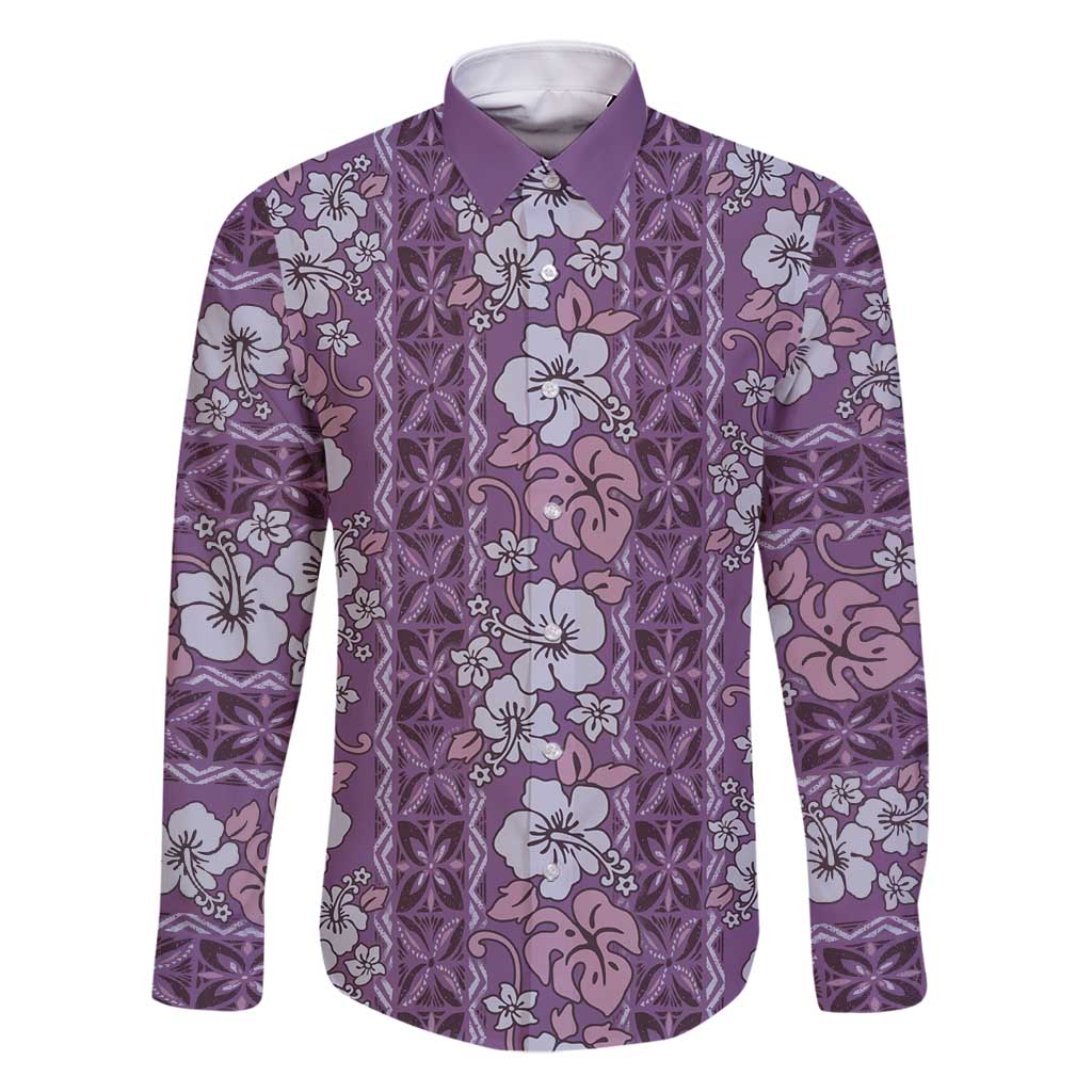Hawaii Vintage Violet Hibiscus Tapa Pattern Family Matching Long Sleeve Bodycon Dress and Hawaiian Shirt LT05 Dad's Shirt - Long Sleeve Violet - Polynesian Pride