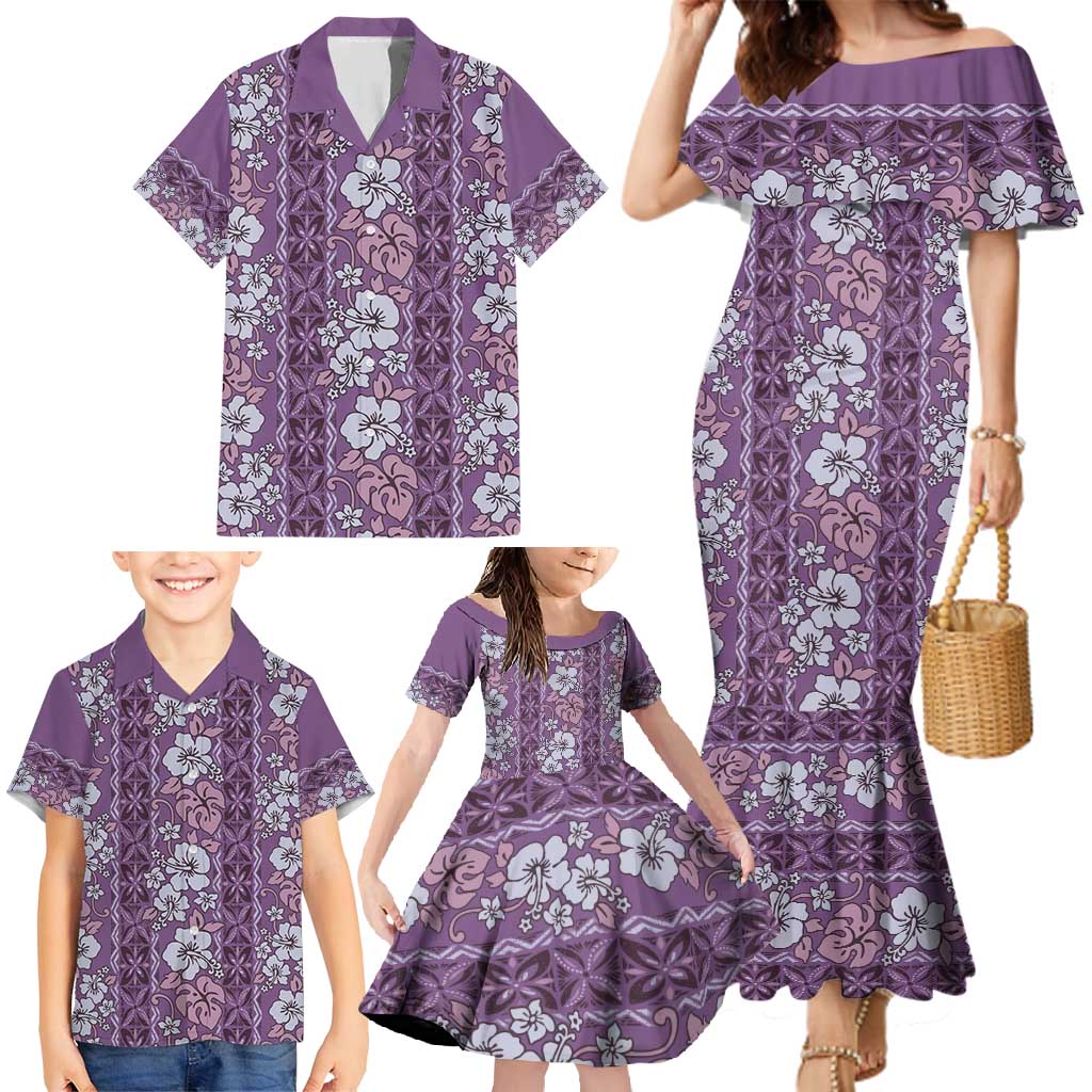 Hawaii Vintage Violet Hibiscus Tapa Pattern Family Matching Mermaid Dress and Hawaiian Shirt LT05 - Polynesian Pride