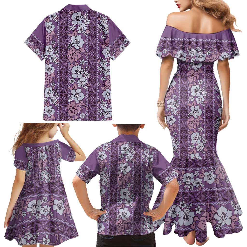 Hawaii Vintage Violet Hibiscus Tapa Pattern Family Matching Mermaid Dress and Hawaiian Shirt LT05 - Polynesian Pride