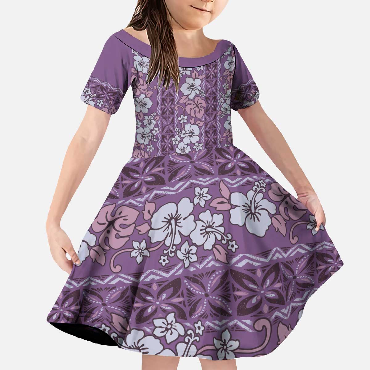 Hawaii Vintage Violet Hibiscus Tapa Pattern Family Matching Off The Shoulder Long Sleeve Dress and Hawaiian Shirt LT05 Daughter's Dress Violet - Polynesian Pride