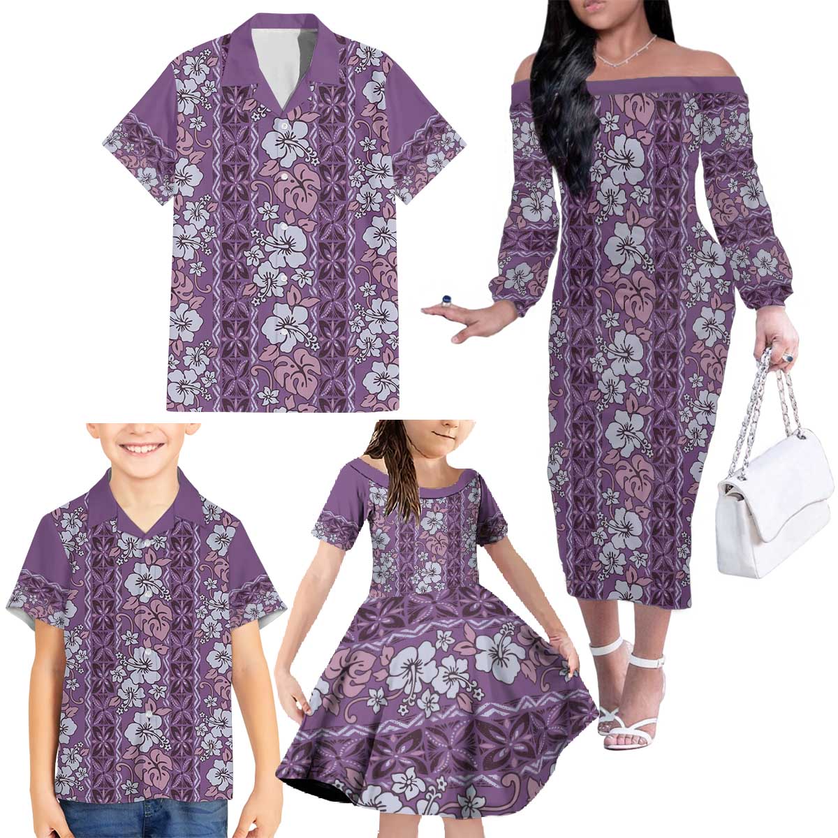Hawaii Vintage Violet Hibiscus Tapa Pattern Family Matching Off The Shoulder Long Sleeve Dress and Hawaiian Shirt LT05 - Polynesian Pride