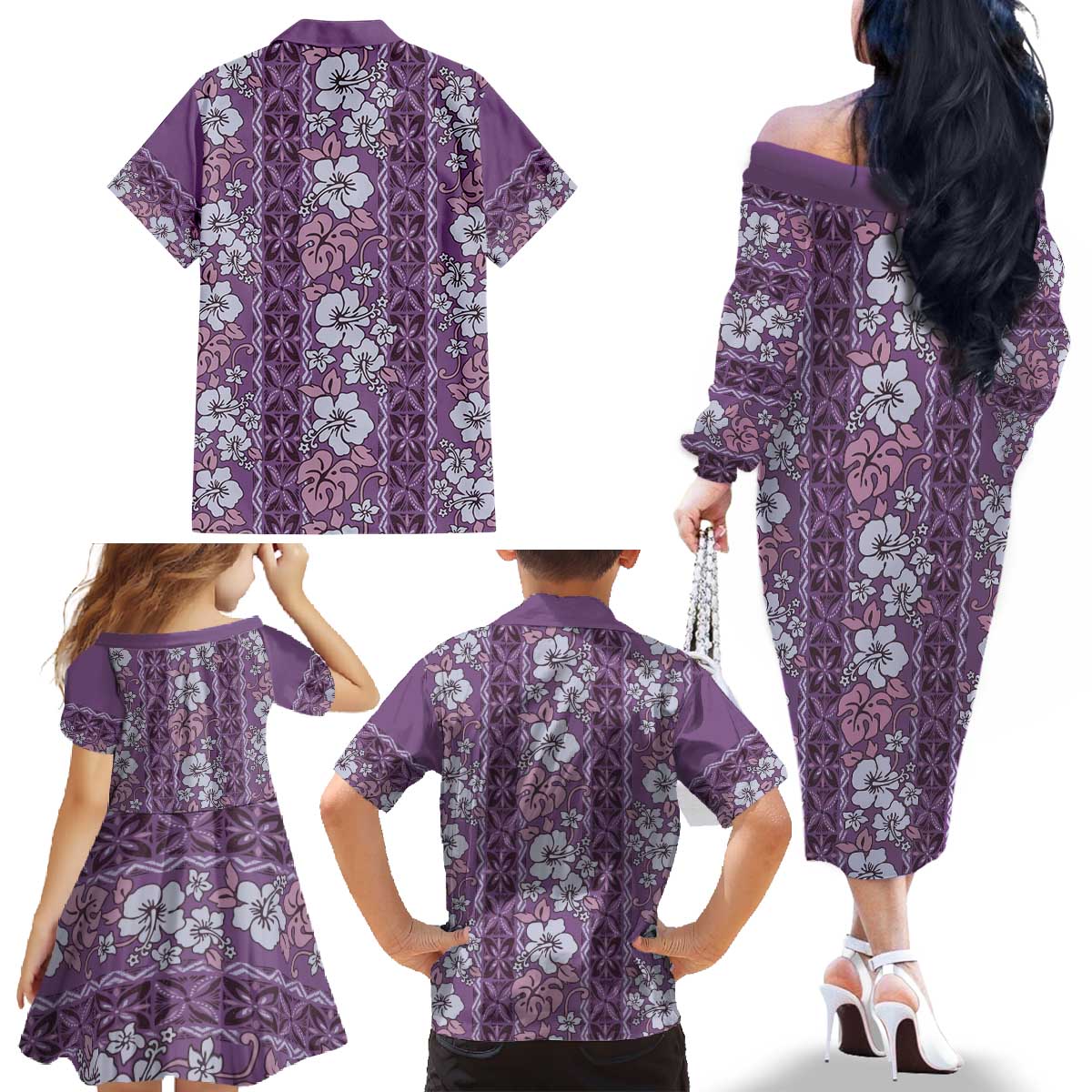 Hawaii Vintage Violet Hibiscus Tapa Pattern Family Matching Off The Shoulder Long Sleeve Dress and Hawaiian Shirt LT05 - Polynesian Pride