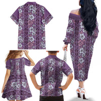 Hawaii Vintage Violet Hibiscus Tapa Pattern Family Matching Off The Shoulder Long Sleeve Dress and Hawaiian Shirt LT05 - Polynesian Pride