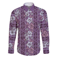 Hawaii Vintage Violet Hibiscus Tapa Pattern Family Matching Off The Shoulder Long Sleeve Dress and Hawaiian Shirt LT05 Dad's Shirt - Long Sleeve Violet - Polynesian Pride