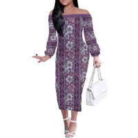 Hawaii Vintage Violet Hibiscus Tapa Pattern Family Matching Off The Shoulder Long Sleeve Dress and Hawaiian Shirt LT05 Mom's Dress Violet - Polynesian Pride