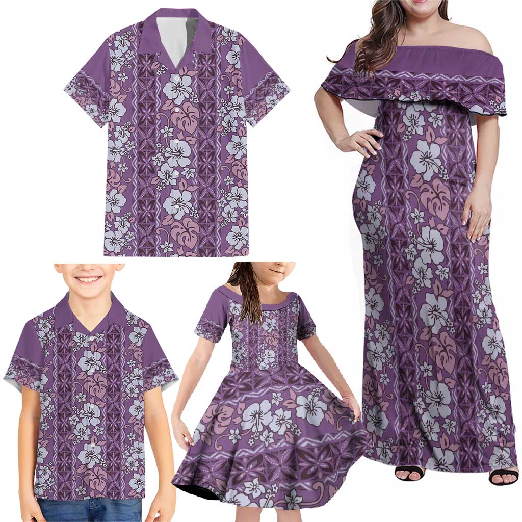 Hawaii Vintage Violet Hibiscus Tapa Pattern Family Matching Off Shoulder Maxi Dress and Hawaiian Shirt LT05 - Polynesian Pride
