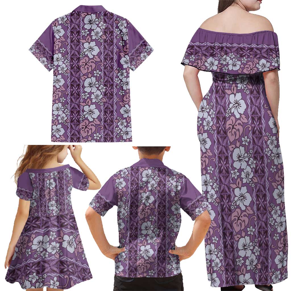 Hawaii Vintage Violet Hibiscus Tapa Pattern Family Matching Off Shoulder Maxi Dress and Hawaiian Shirt LT05 - Polynesian Pride