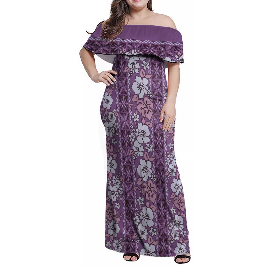 Hawaii Vintage Violet Hibiscus Tapa Pattern Family Matching Off Shoulder Maxi Dress and Hawaiian Shirt LT05 Mom's Dress Violet - Polynesian Pride