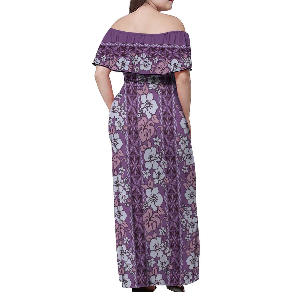 Hawaii Vintage Violet Hibiscus Tapa Pattern Family Matching Off Shoulder Maxi Dress and Hawaiian Shirt LT05 - Polynesian Pride