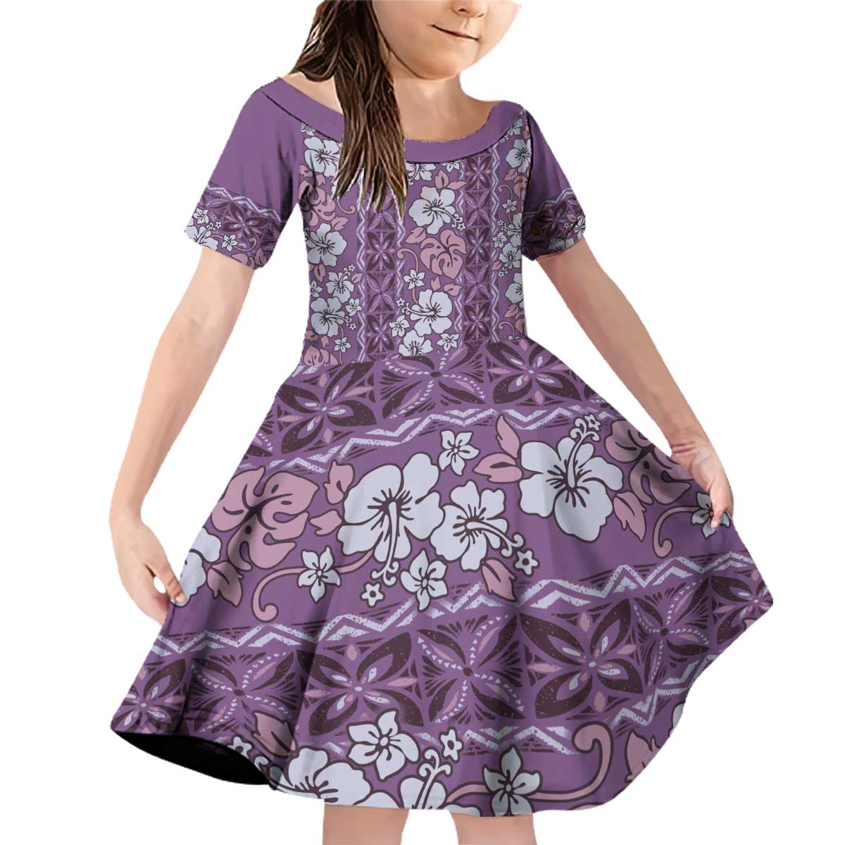 Hawaii Vintage Violet Hibiscus Tapa Pattern Family Matching Off Shoulder Short Dress and Hawaiian Shirt LT05 Daughter's Dress Violet - Polynesian Pride