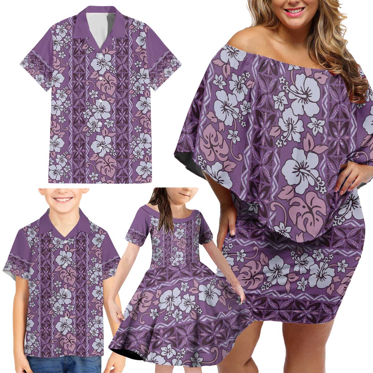 Hawaii Vintage Violet Hibiscus Tapa Pattern Family Matching Off Shoulder Short Dress and Hawaiian Shirt LT05 - Polynesian Pride