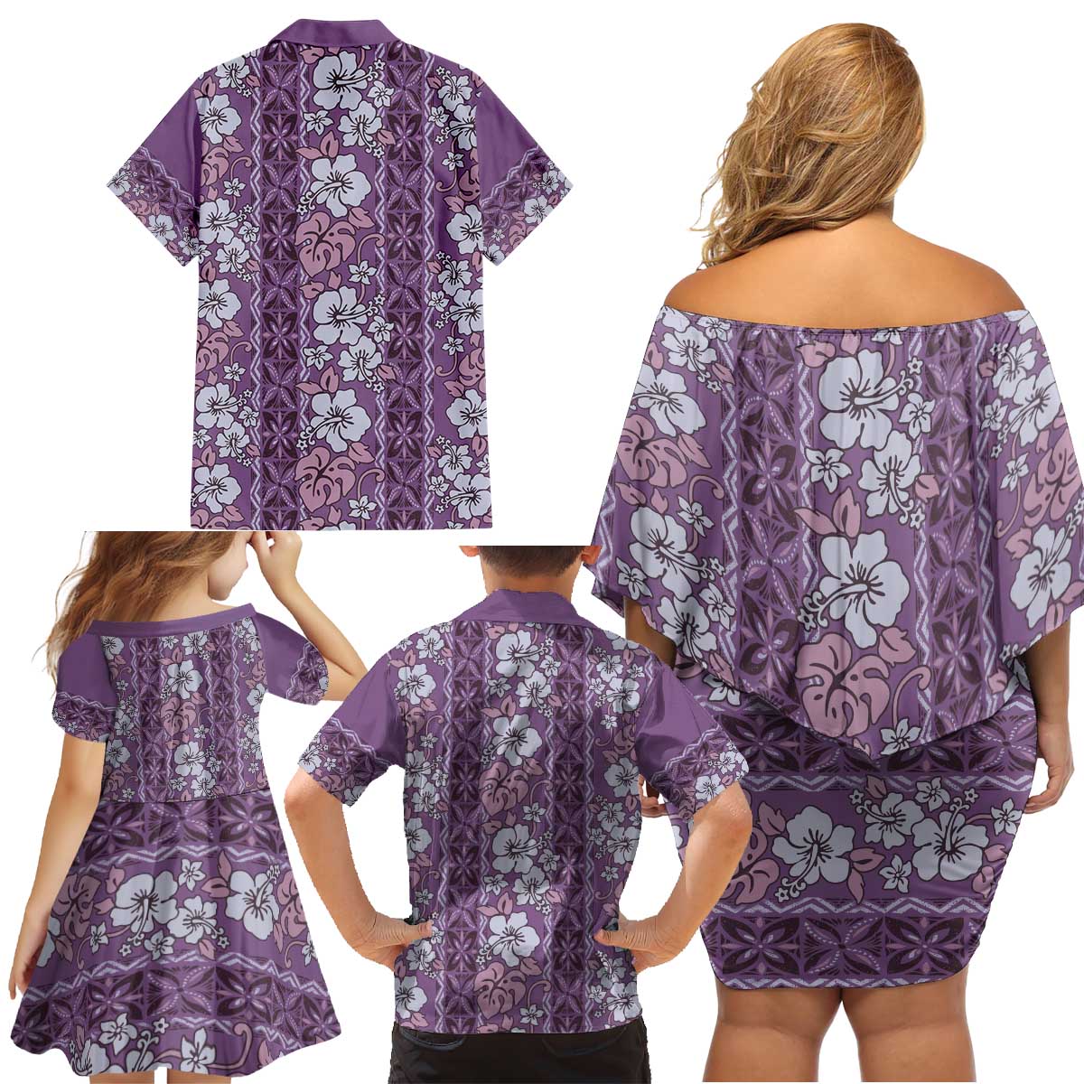 Hawaii Vintage Violet Hibiscus Tapa Pattern Family Matching Off Shoulder Short Dress and Hawaiian Shirt LT05 - Polynesian Pride