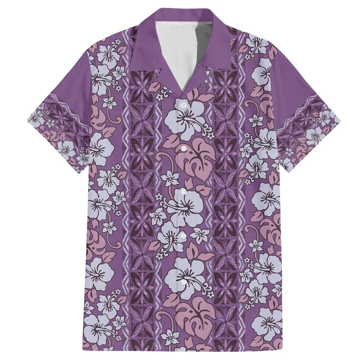 Hawaii Vintage Violet Hibiscus Tapa Pattern Family Matching Off Shoulder Short Dress and Hawaiian Shirt LT05 Dad's Shirt - Short Sleeve Violet - Polynesian Pride