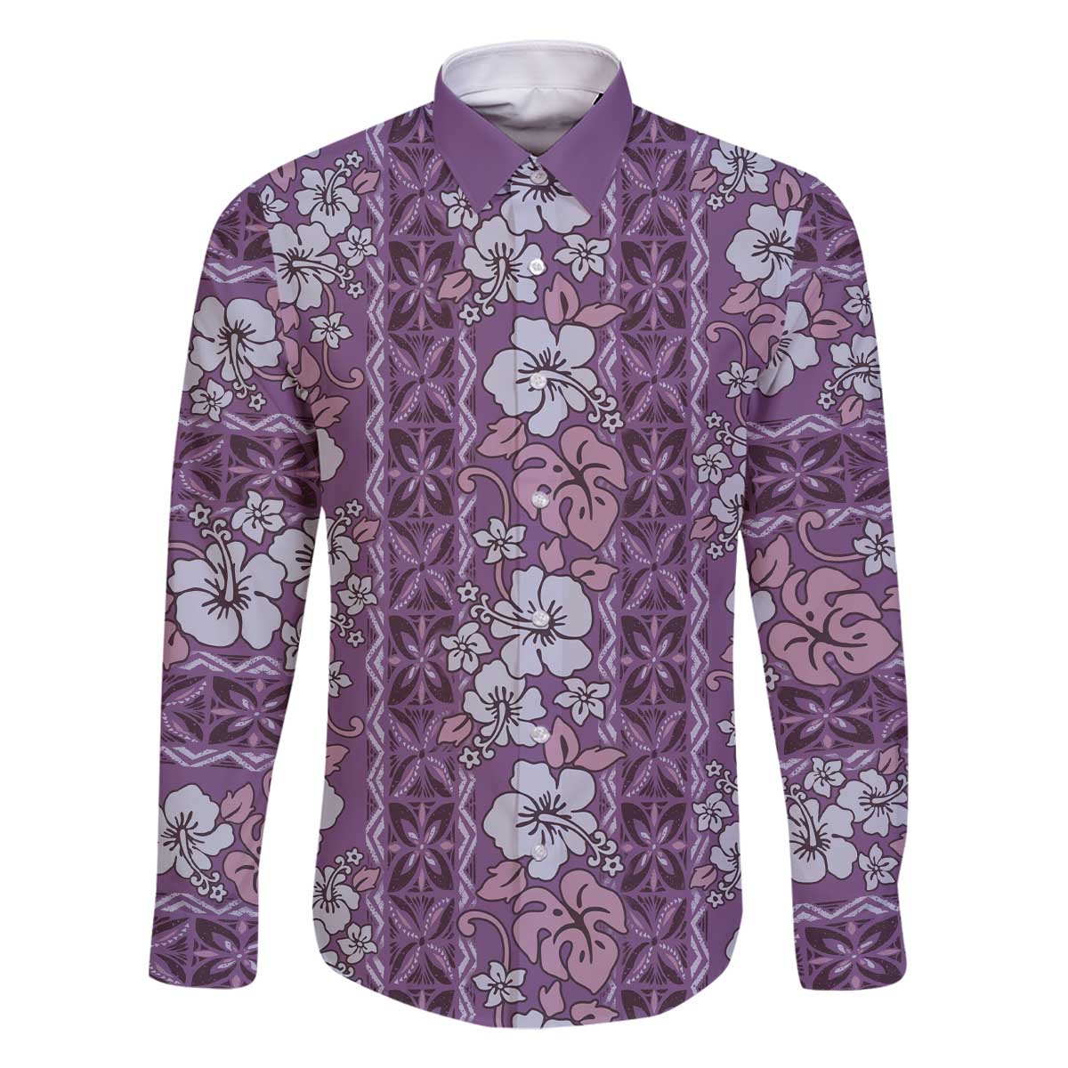 Hawaii Vintage Violet Hibiscus Tapa Pattern Family Matching Off Shoulder Short Dress and Hawaiian Shirt LT05 Dad's Shirt - Long Sleeve Violet - Polynesian Pride