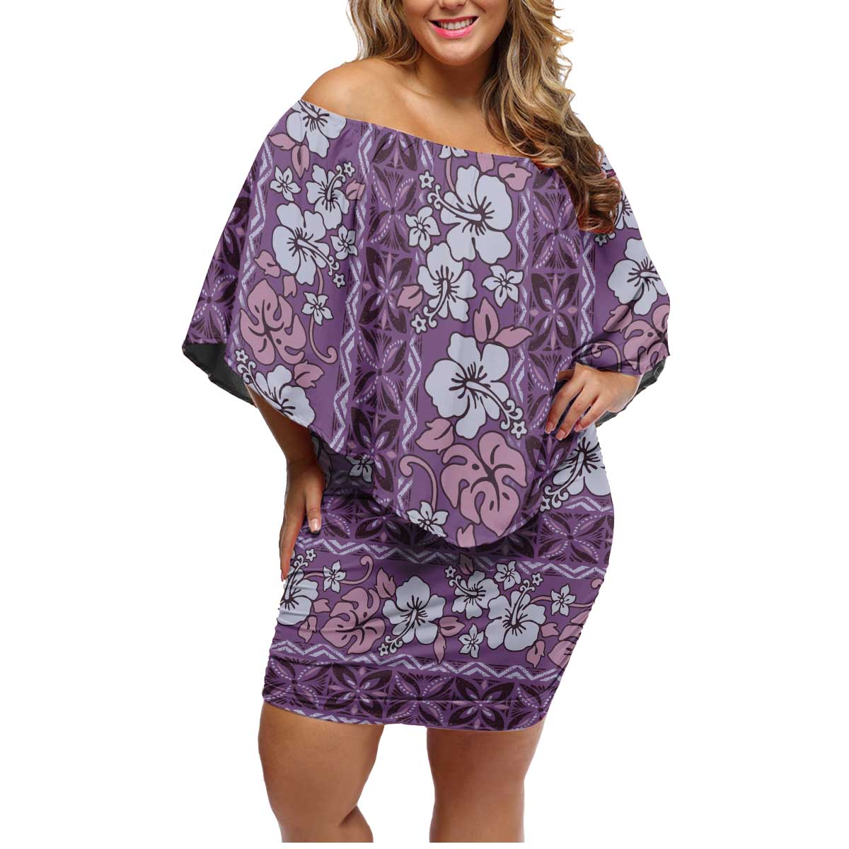 Hawaii Vintage Violet Hibiscus Tapa Pattern Family Matching Off Shoulder Short Dress and Hawaiian Shirt LT05 Mom's Dress Violet - Polynesian Pride