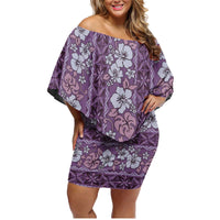 Hawaii Vintage Violet Hibiscus Tapa Pattern Family Matching Off Shoulder Short Dress and Hawaiian Shirt LT05 Mom's Dress Violet - Polynesian Pride