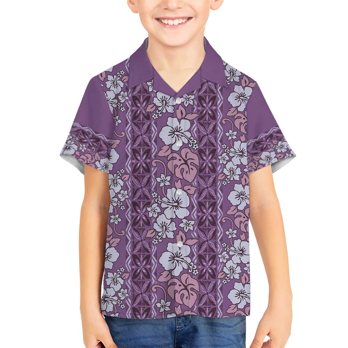 Hawaii Vintage Violet Hibiscus Tapa Pattern Family Matching Off Shoulder Short Dress and Hawaiian Shirt LT05 Son's Shirt Violet - Polynesian Pride